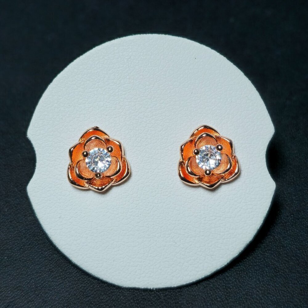Rose Gold Tone Flower Stud Earrings With Cubic Zirconia Center (NWOT)